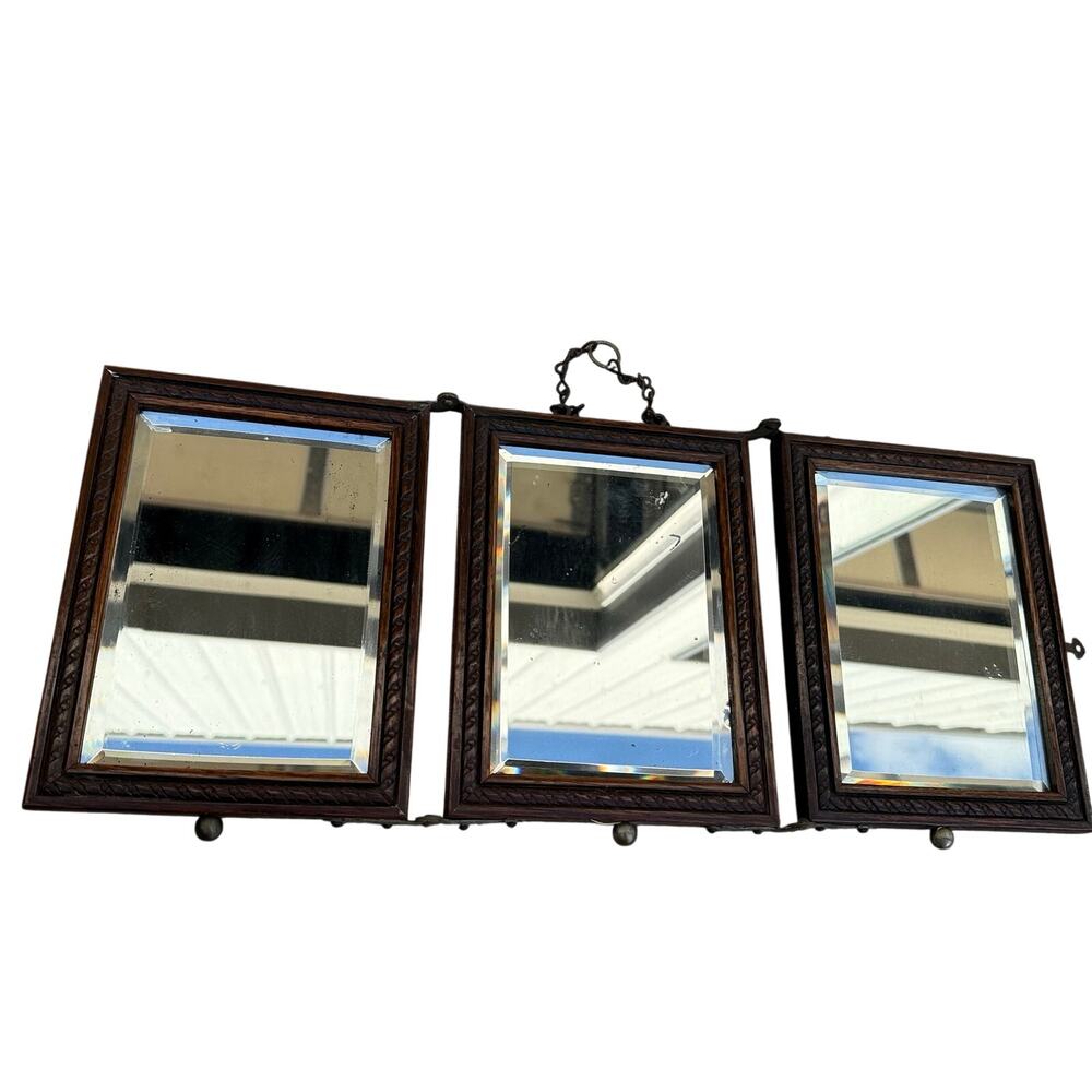 Antique 1900-1920 Tri Fold Shaving / Travel / Dressing Table Beveled Mirror Wood